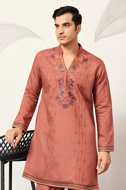 Elegant Royal V Style Orange Kurta Pant For Mens Wear