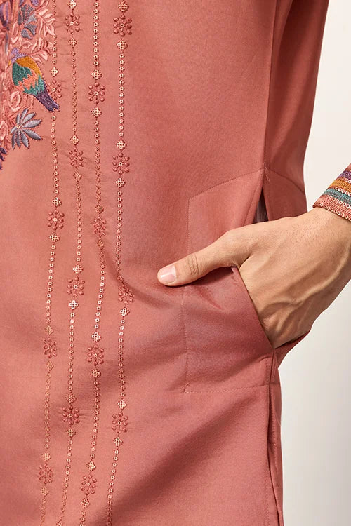 Elegant Royal V Style Orange Kurta Pant For Mens Wear