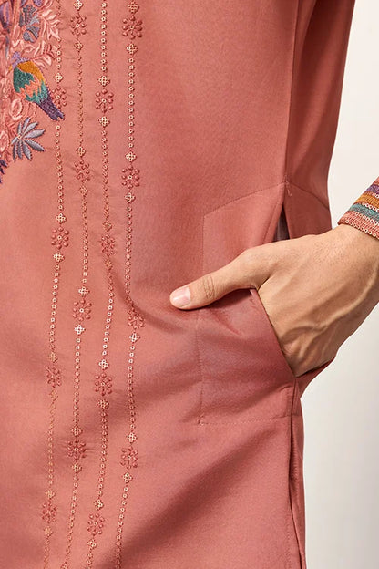 Elegant Royal V Style Orange Kurta Pant For Mens Wear