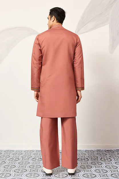 Elegant Royal V Style Orange Kurta Pant For Mens Wear