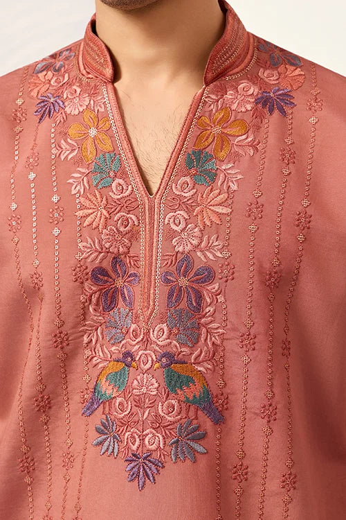 Elegant Royal V Style Orange Kurta Pant For Mens Wear