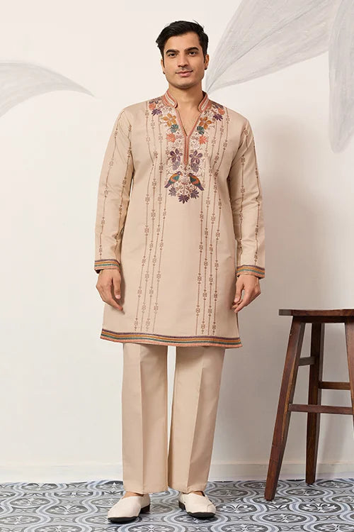 Premium Beige Embroidered V Neck Kurta Pant Set