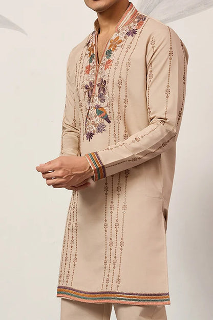 Premium Beige Embroidered V Neck Kurta Pant Set