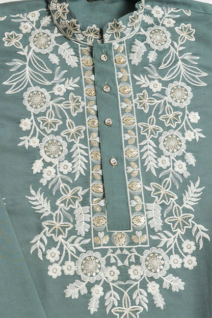 Pastel Pista Viscose Silk Embroidered Kurta For Men