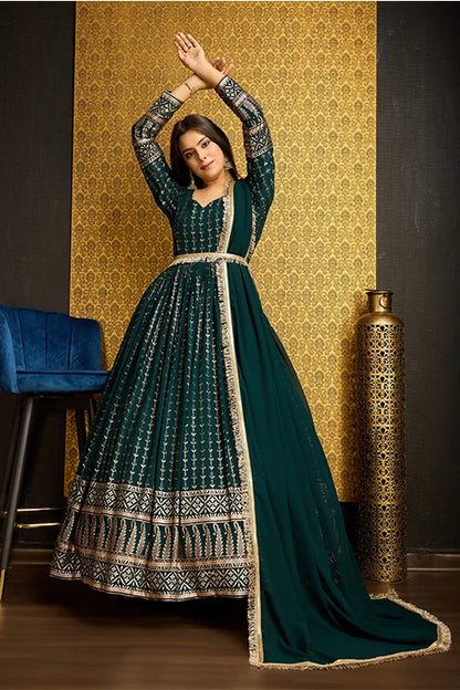 Green Color Designer Metalic Foil Work Ready To Wear Gown