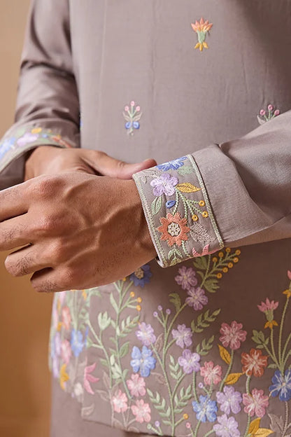 Elegant Grey Embroidered Koti Kurta Pant for Mens