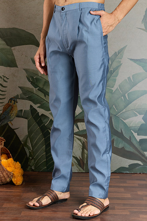 Blue Gray Open Koti Style Kurta Pajama Set For Men