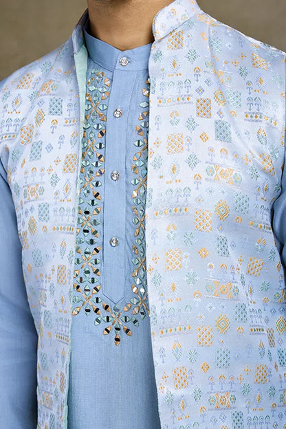 Traditional Sky Kurta Set With Koti Jacket
