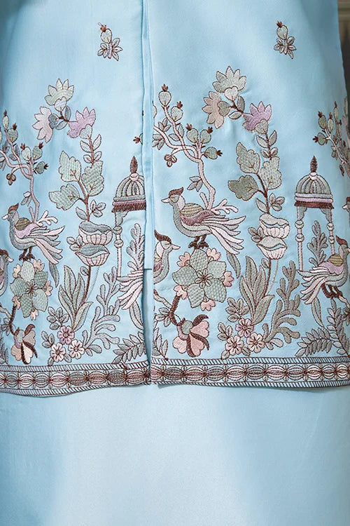 Sky Blue Embroidered Silk Koti Kurta Set for Mens