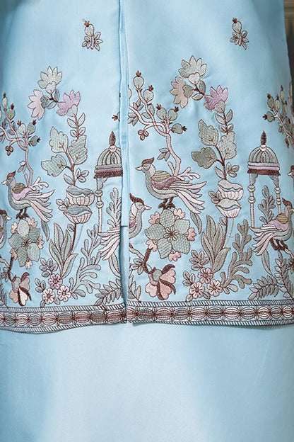 Sky Blue Embroidered Silk Koti Kurta Set for Mens