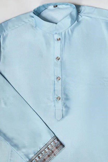 Sky Blue Embroidered Silk Koti Kurta Set for Mens