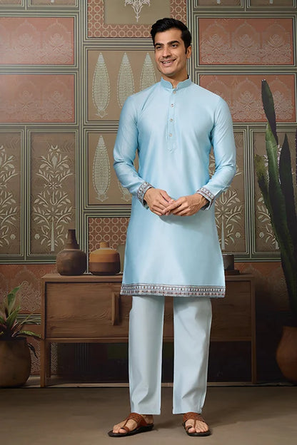 Sky Blue Embroidered Silk Koti Kurta Set for Mens
