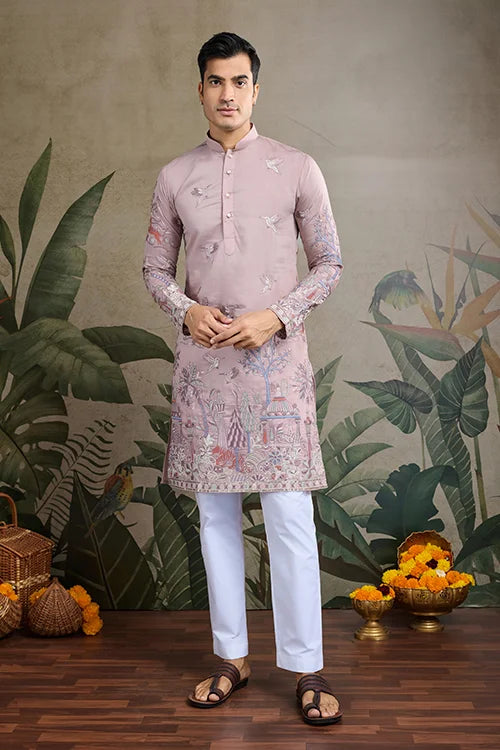 Designer Peach Silk Kurta For Men
