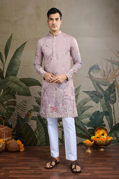 Designer Peach Silk Kurta For Men