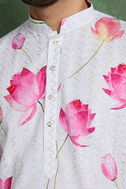 Buy Ethnic Style White & Pink Designer Kurta For Men