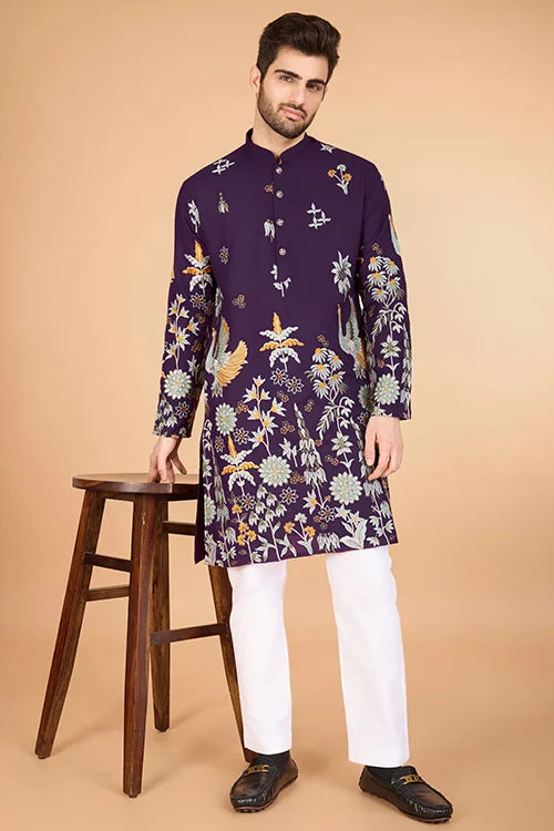 Traditional Embroidered Purple Viscose Rayon Kurta For Men