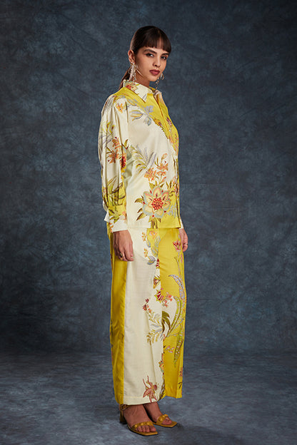 Yellow Linen Print Work Co-Ord Set