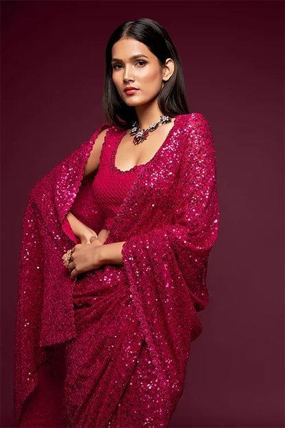 Attractive Hot Pink Sequins Georgette Festive Wear Saree With Blouse