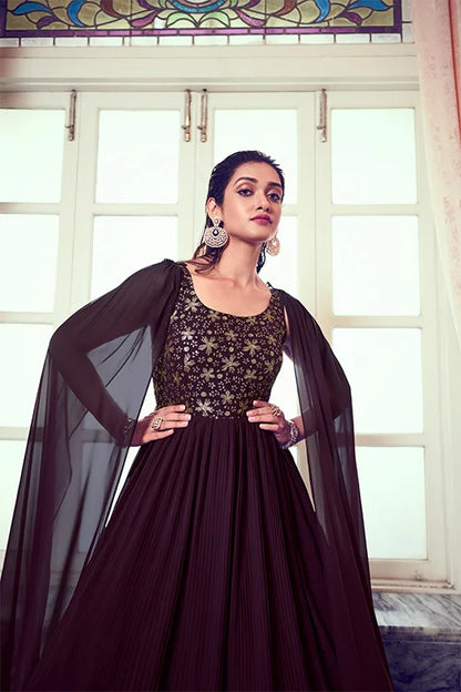 Purple Off The Shoulder Embroidered Long Anarkali Style Gown