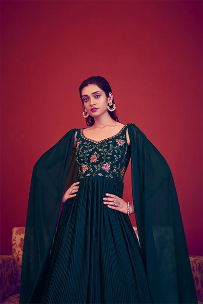 Teal Blue Ready To Wear Exclusive Traditional Look Embroidered Gown