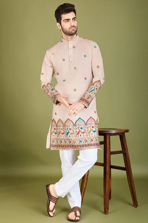 Designer Ivory Viscose Silk Men's Kurta Collection