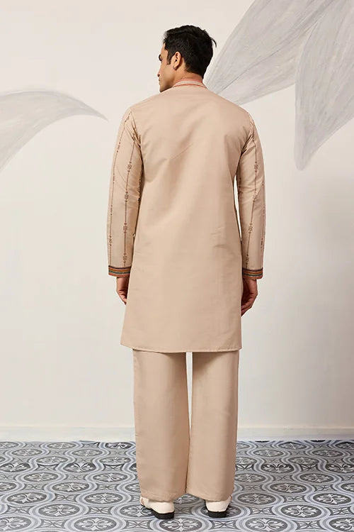Premium Beige Embroidered V Neck Kurta Pant Set