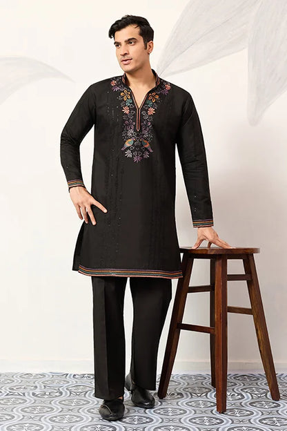 Party Wear Black V Neck Style Kurta Pant For Mens Wear
