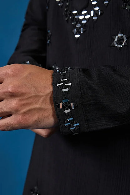 Classy Black Mirror Kurta Pant Wedding Outfit for Mens