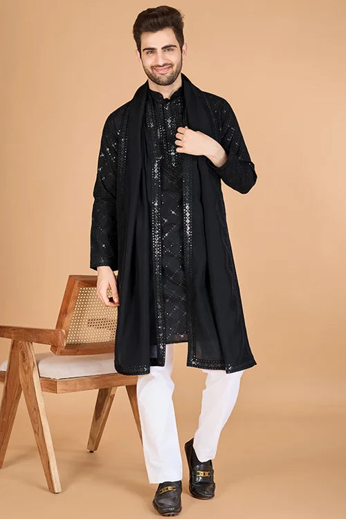 Black Viscose Fabric Embroidered Traditional Kurta For Mens Wear