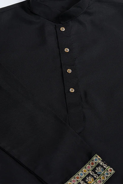 Designer Black Cotton Kurta With Embroidered Koti