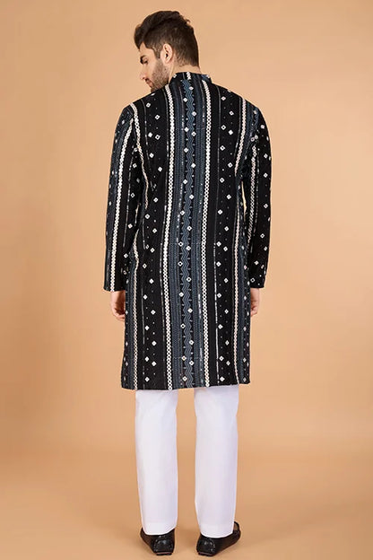 Viscose Rayon Black Color Heavy Embroidered Kurta For Men