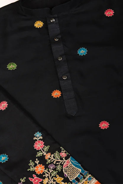 Black Designer Viscose Silk Kurta With Thread Work