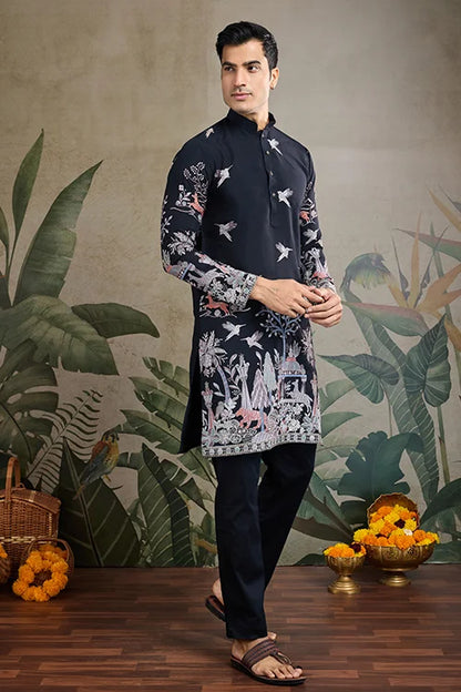 Designer Black Viscose Silk Fancy Kurtas For Men