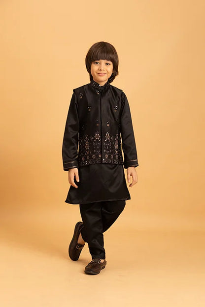 Traditional Black Mirror Work Koti Kurta Set for Boys