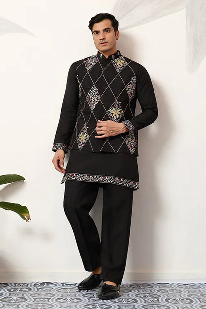 Premium Wedding Black Koti Kurta Pajama for Mens Wear
