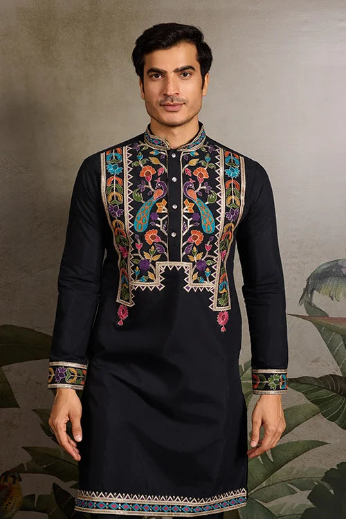 Designer Black Embroidered Mens Kurta for Wedding