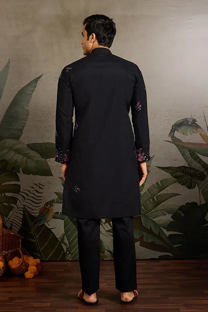 Black Mirror Work with Embroidered Kurta Set for Men