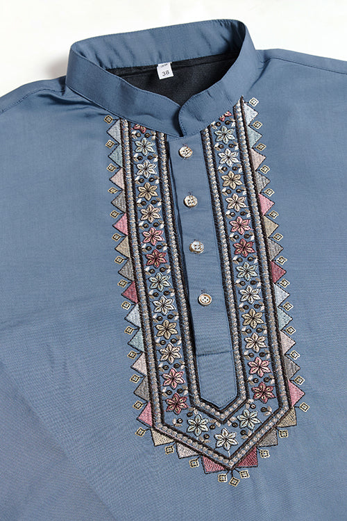 Blue Gray Open Koti Style Kurta Pajama Set For Men