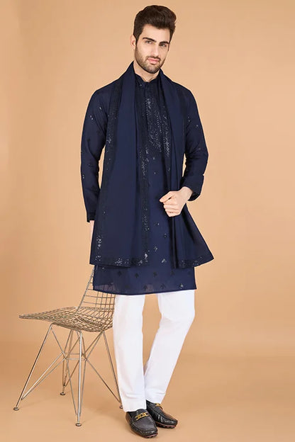 Elegant Navy Viscose Silk Kurta With Sequins