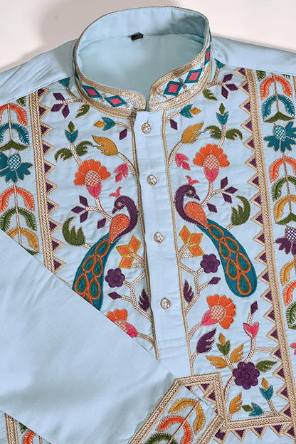 Premium Sky Blue Embroidered Mens Kurta For Celebrations