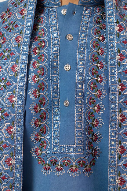 Wedding Royal Look Blue Kurta With Dupatta For Mens Wear