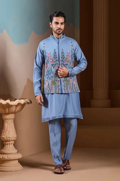 Vibrant Sky Blue Koti Kurta Pajama for Mens Outfits