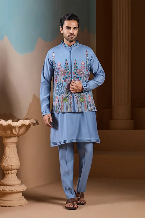 Vibrant Sky Blue Koti Kurta Pajama for Mens Outfits