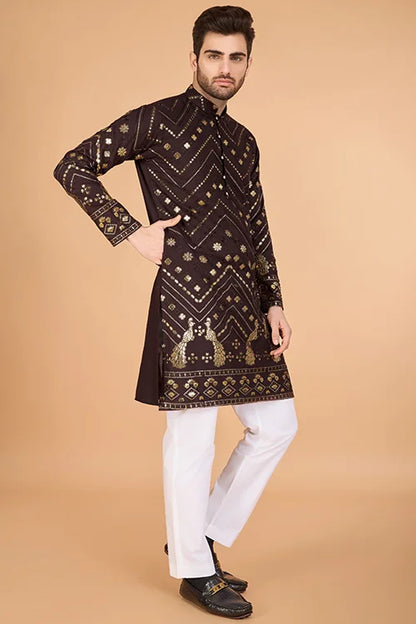 Designer Brown Men's Silk Kurta For Special Events