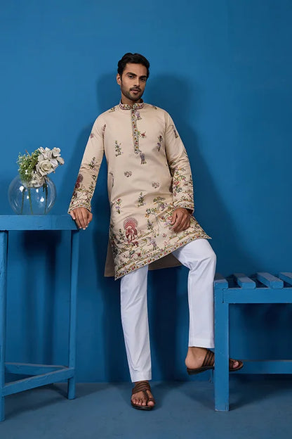 Perfect Festive Choice Beige Ethnic Kurta for Mens Wear
