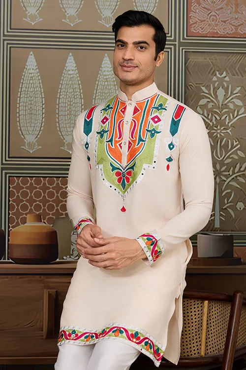 Cream Embroidered Festival Wear Kurta for Men