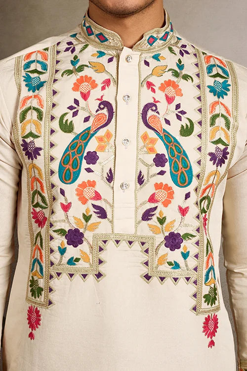 Beige Color Special Embroidered Kurta for Mens Wear