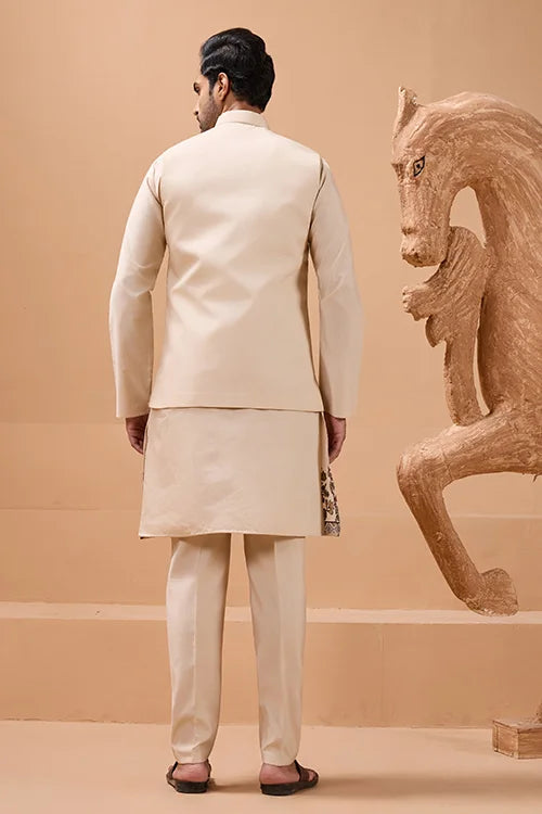 Tendy Beige Wedding Special Koti Kurta Set for Mens Wear
