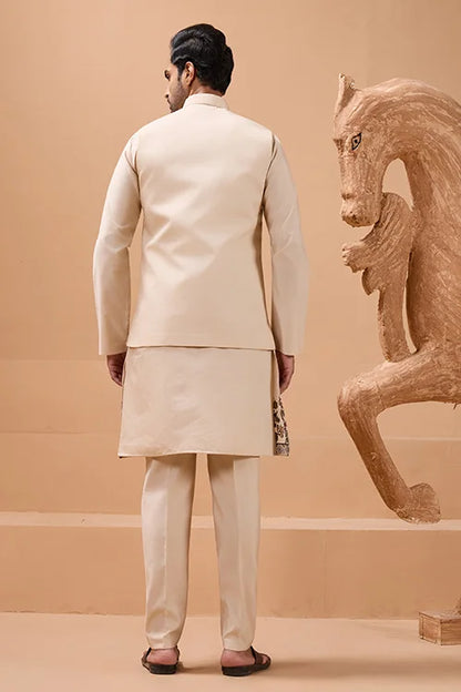 Tendy Beige Wedding Special Koti Kurta Set for Mens Wear