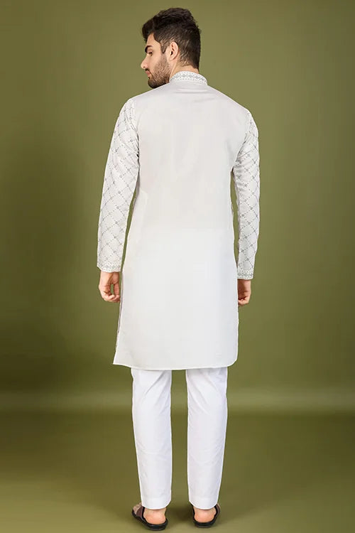 Designer White Viscose Silk Men's Kurta – Elegant Wedding Attire